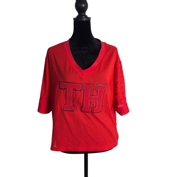 Tommy Hilfiger Crop Top Womens M Red Mesh See Through Spellout Studs‎ Streetwear - Picture 1 of 10